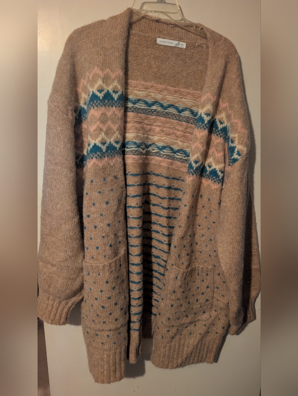 Altar'd State Pink and Blue Patterned Open-Front Cardigan XXL